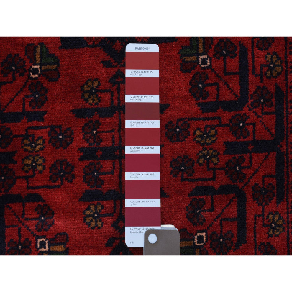 Red Afghan Khamyab Wool Tribal Design Hand Knotted Runner Rug, 2'9"x9'7"