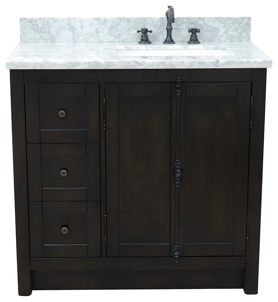37" Vanity, Brown Ash With White Carrara Top, Right Doors/Right Rectangle Sink