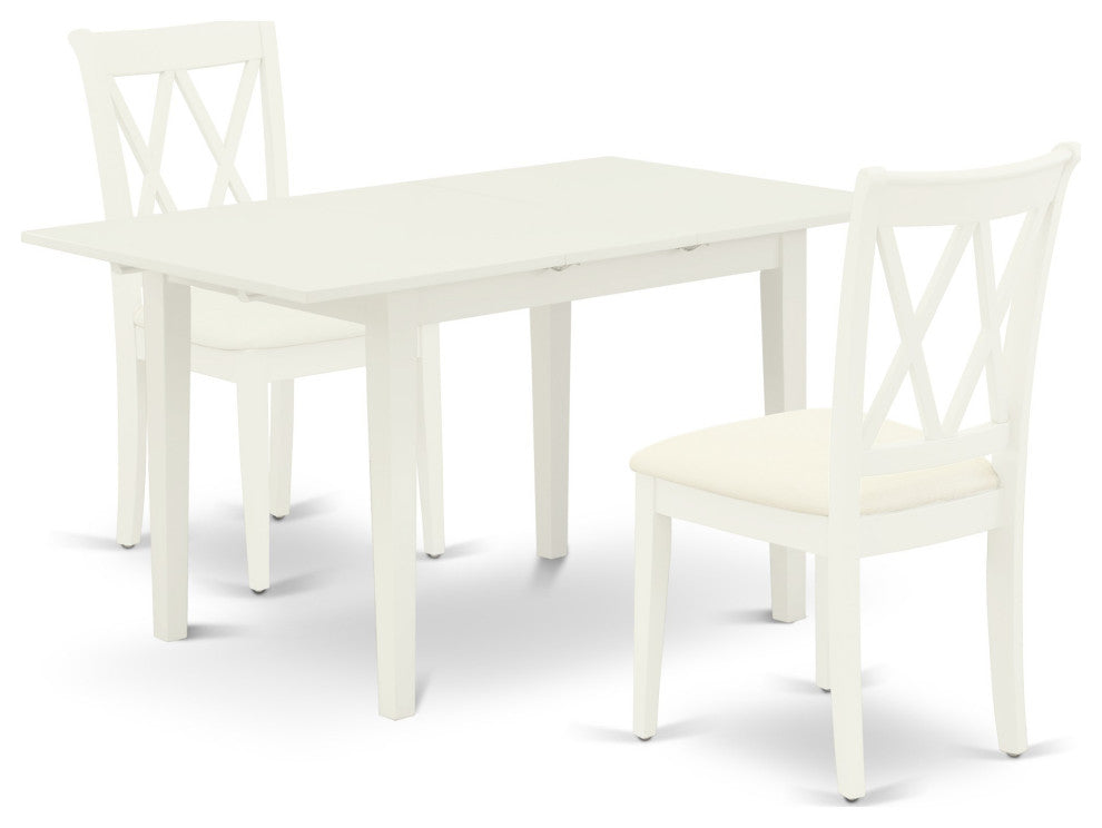 Rectangular Dining Set 2 Wood Chair, Small Butterfly Leaf Table, Linen White