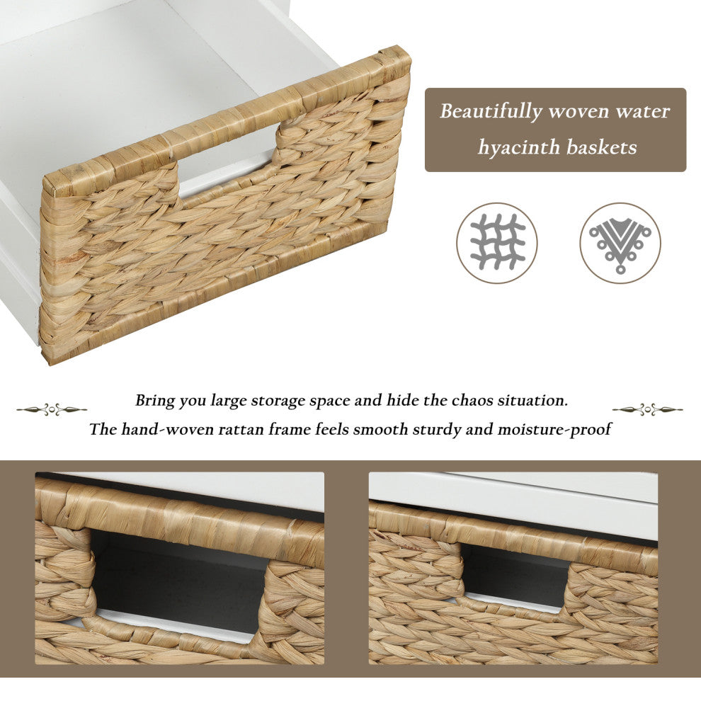 TATEUS 42" Rustic Storage Bench With 3 Drawers and 3 Rattan Baskets, White