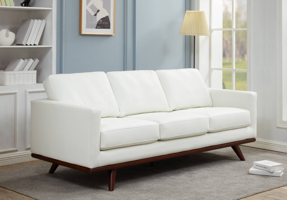 LeisureMod Chester Mid-Century 3-Seater Leather Modern Sofa, White