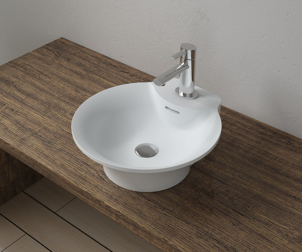 Polystone Round Vessel Bathroom Sink, Matte White, No Faucet