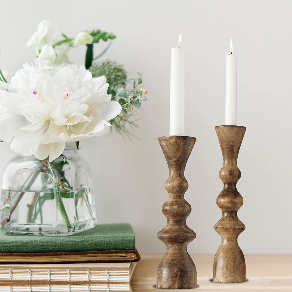 Turned Wooden Candle holders, 2 Piece Set