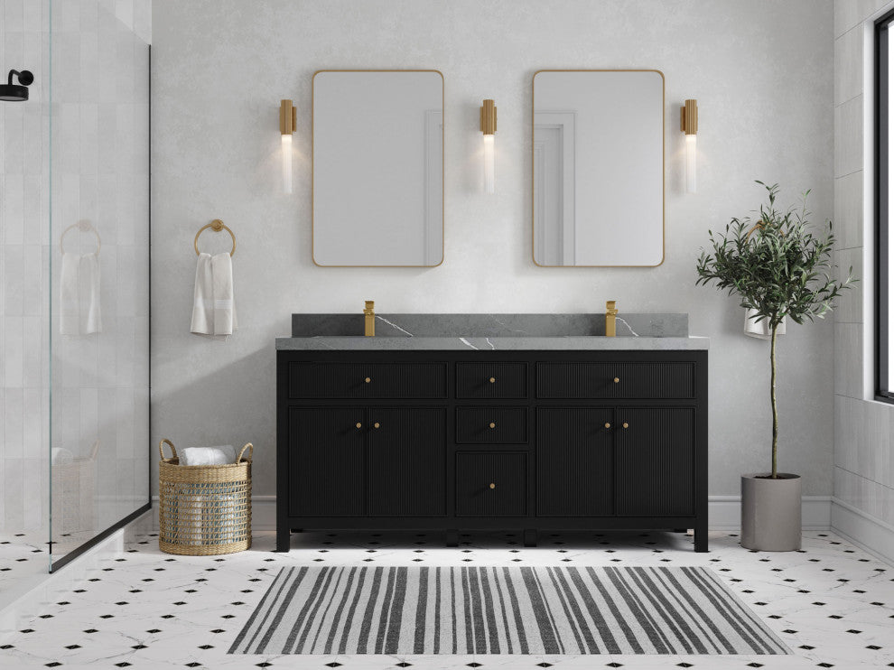 Sonoma 72 Double Sink Reeded Bath Vanity in Black 2" Piatra Gray