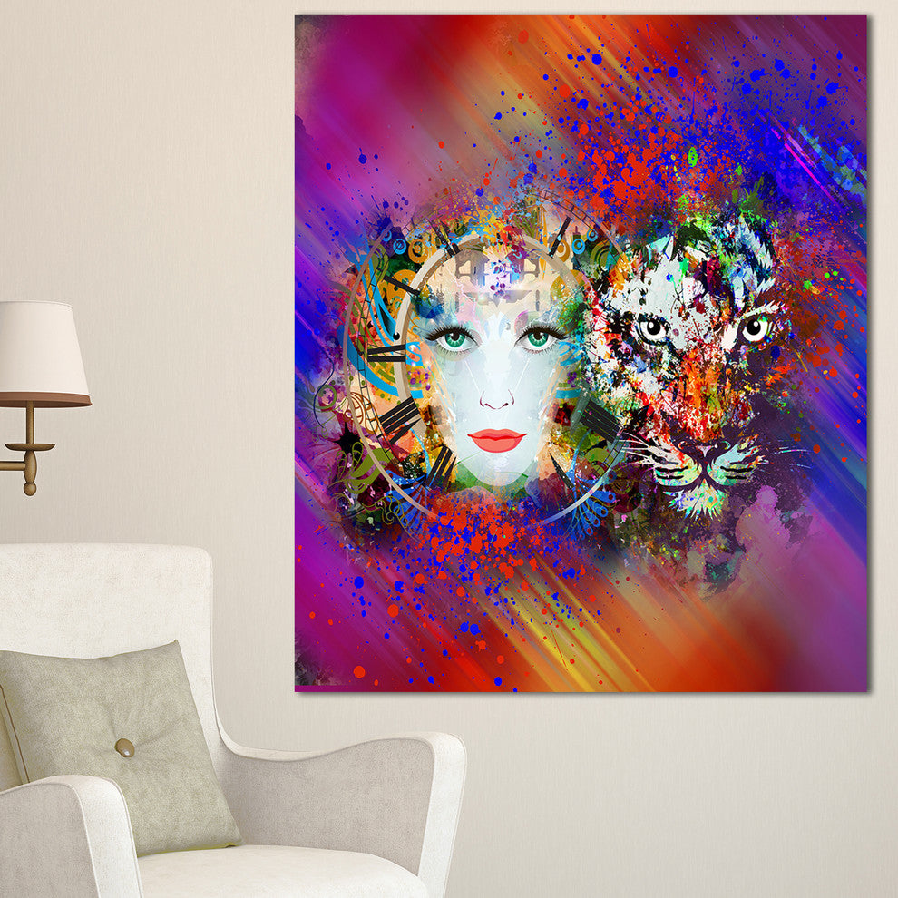 Colorful Tiger and Woman Face, Large Abstract Canvas Art, 30"x40"