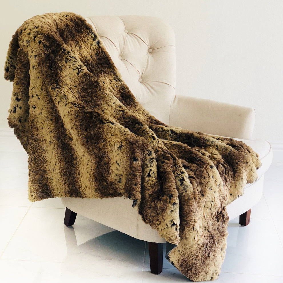Plutus Beige and Brown Chinchilla Faux Fur Luxury Throw, Throw 60w X 90l