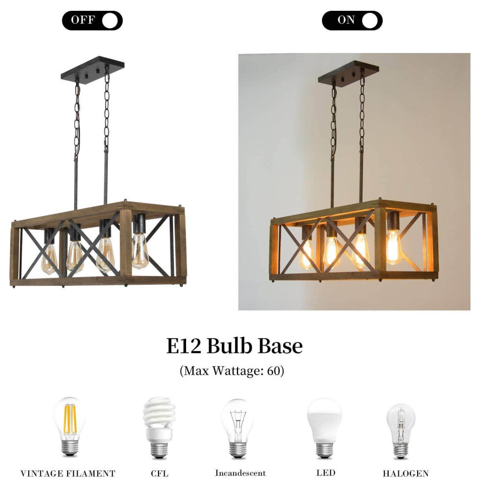 LNC 4-Lights Farmhouse Antique Black and Natural Wood Grain Linear Chandelier