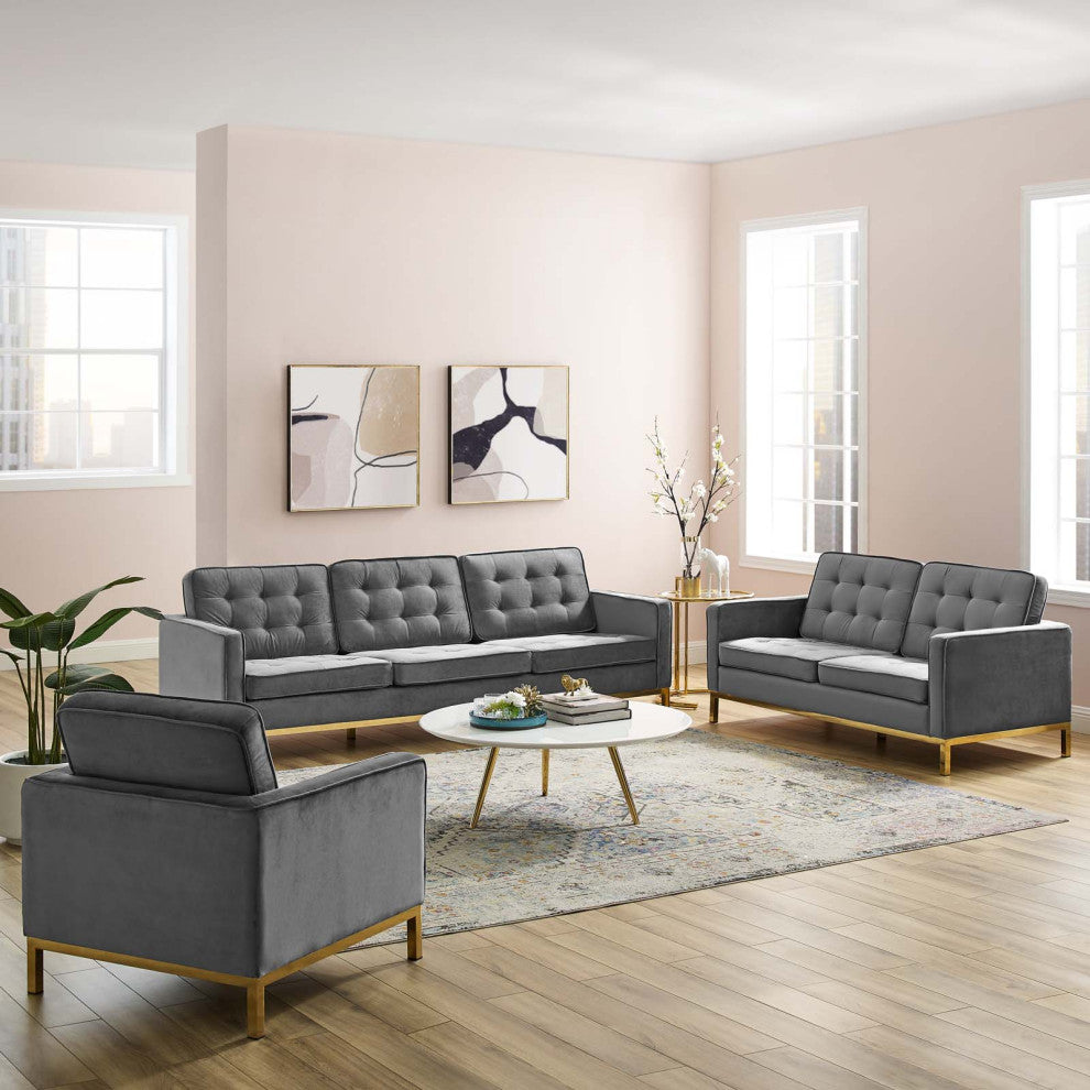 Armchair and Loveseat Sofa Set, Velvet, Gold Gray, Modern, Lounge
