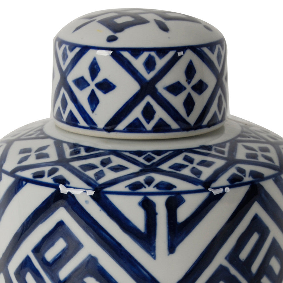 Benzara BM285526 14" Lidded Jar, Geometric Pattern, Cylindrical Blue