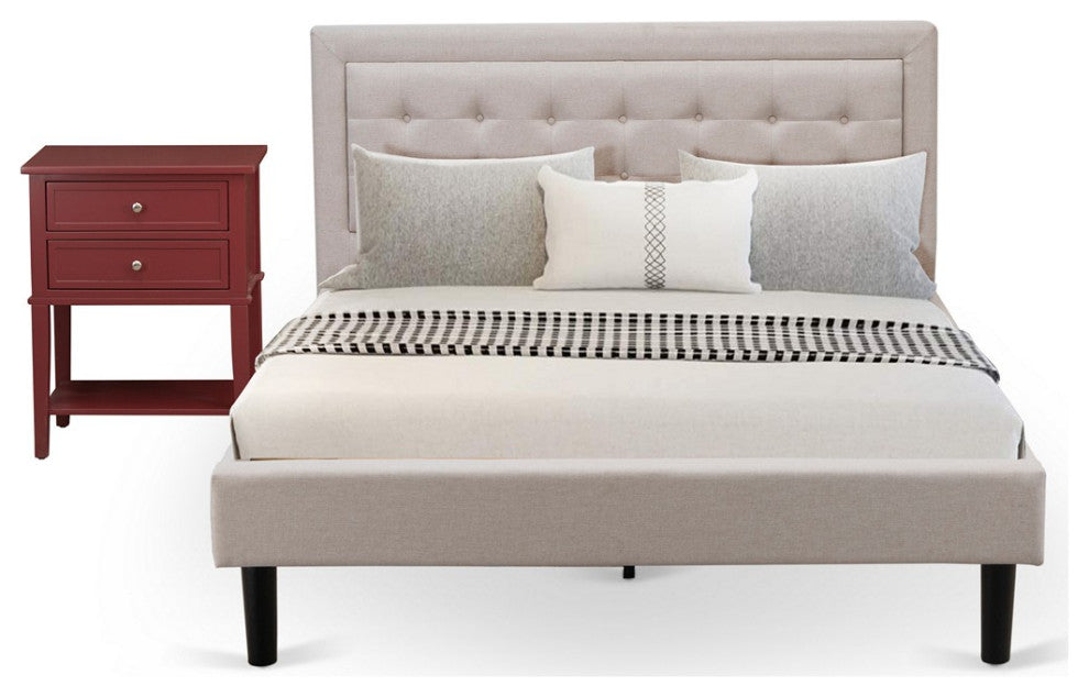 2Pc Fannin Queen Bed Set, 1 Queen Wood Bed Frame, Night Stand, Mist Beige