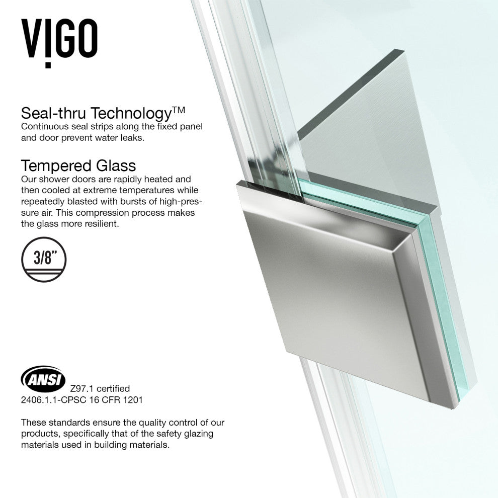VIGO Monteray 32"D x 48"W x79"H Frameless Shower Enclosure, Nickel, Right Base