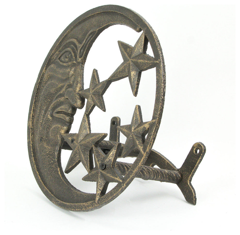 Cast Iron Crescent Moon and Stars Wall Mounted Garden Hose Holder Bronze Finish