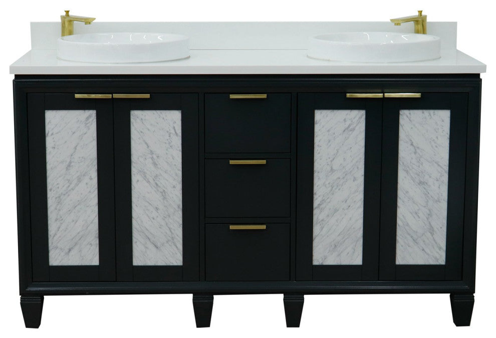 61" Double Sink Vanity, Dark Gray Finish With Engineered Stone Top, Round Sink