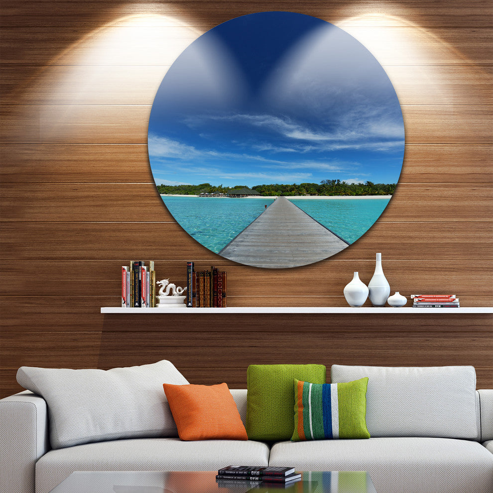 Infinite Sea Pier, Seascape Photo Round Metal Wall Art, 11"
