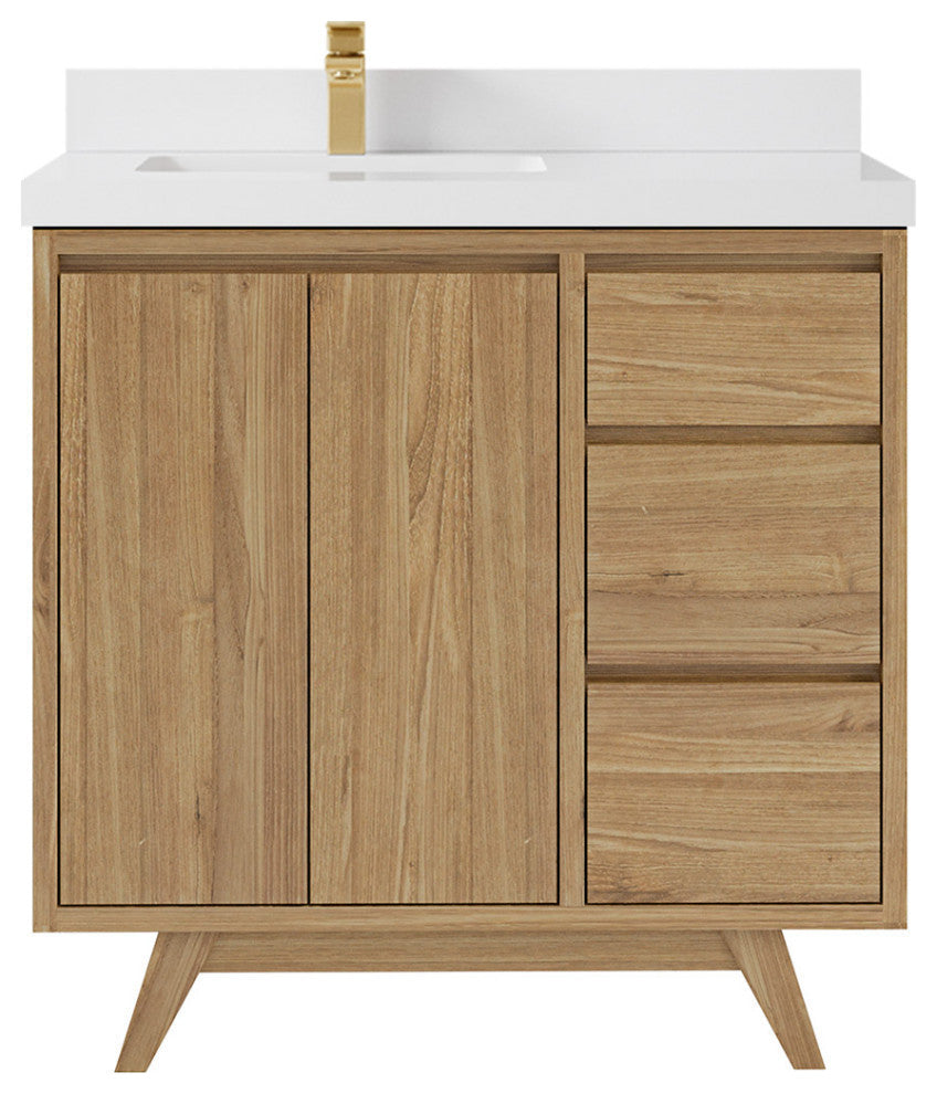 Madison  Teak 36 Left Offset Bath Vanity Golden Teak 2" White Quartz