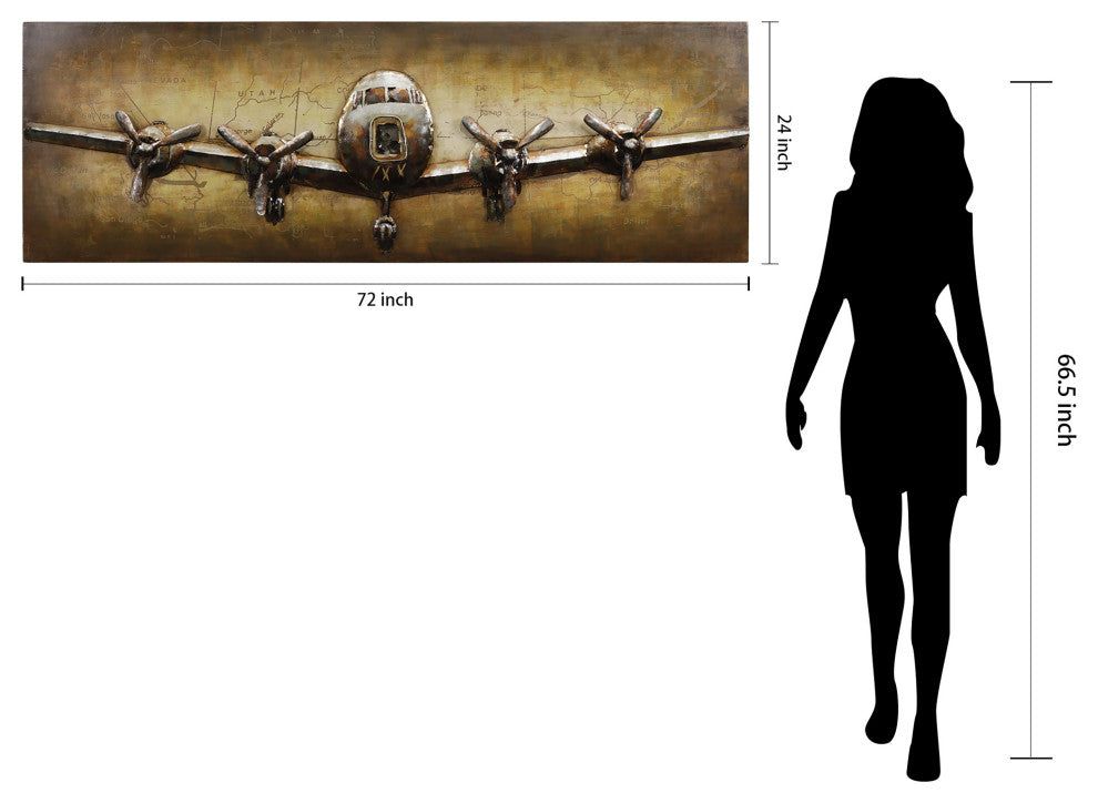 "Airplane" Mixed Media Iron Hand Painted Dimensional Wall Art, 24"x72"