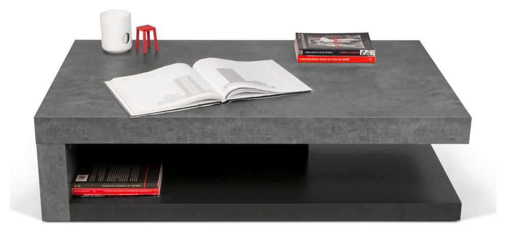 Modern Low Coffee Table, Gray and Black Layers, Faux Concrete