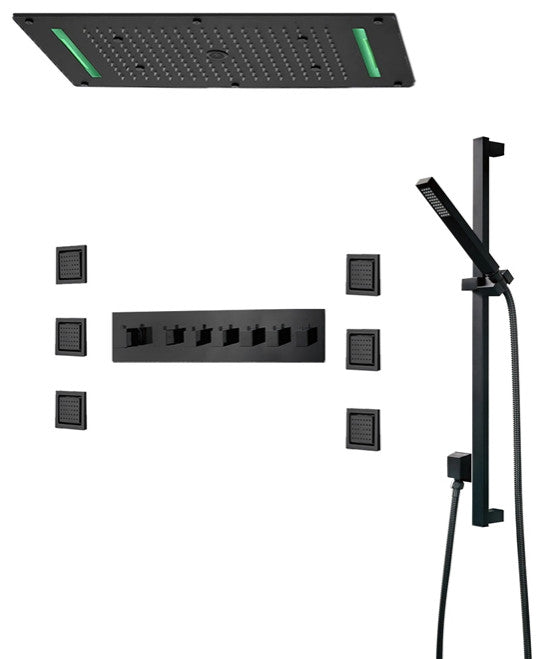 Fontana 27*15" LED Matte Black Shower System, Handheld Shower and 6 Body Jets