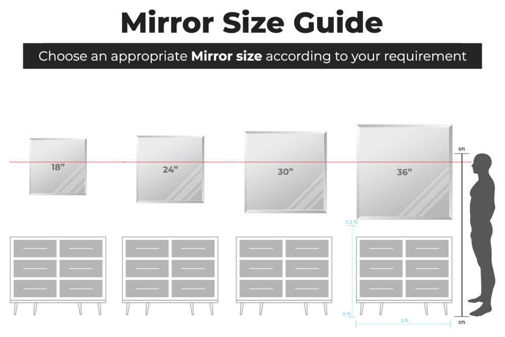 Square Beveled Polished Frameless Wall Mirror With Hooks, 36"