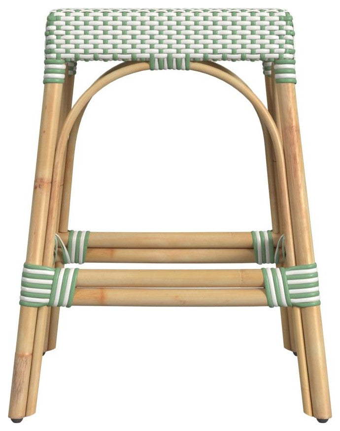 Robias Rectangular Rattan 24.5" Counter Stool, White and Green Dot