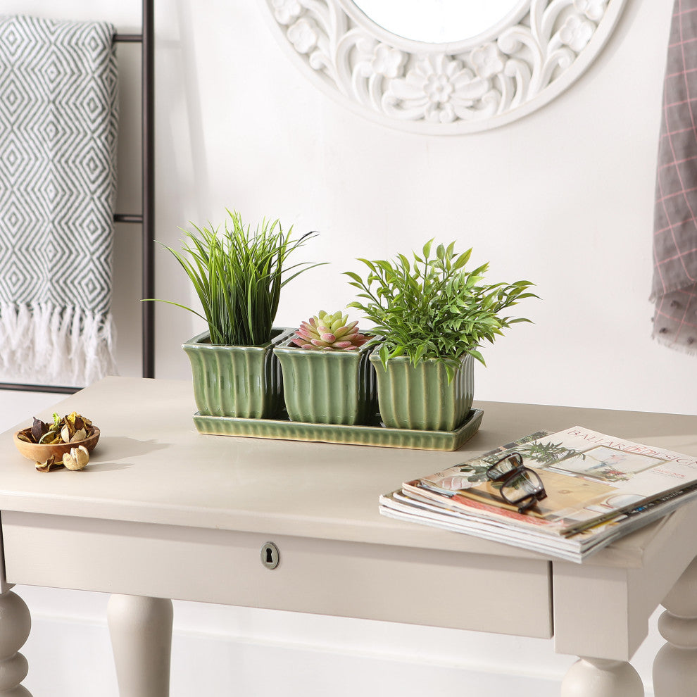 Green Square Ceramic Small Planter (Set of 3)