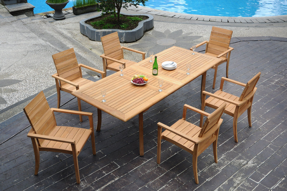 7-Piece Outdoor Teak Dining Set: 94" Rectangle Table, 6 Alps Stacking Arm Chairs