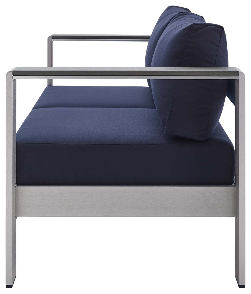 Lounge Loveseat Sofa, Sunbrella, Fabric, Aluminum, Silver Blue Navy, Outdoor