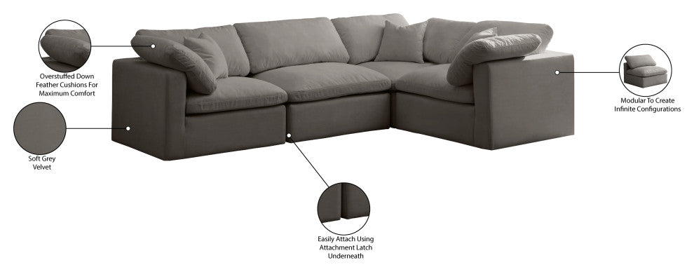 Plush Velvet / Down Standard Comfort L-Shaped Modular Sectional, Grey, 4-Piece: 1 Armless Chair, 3 Corner Chair