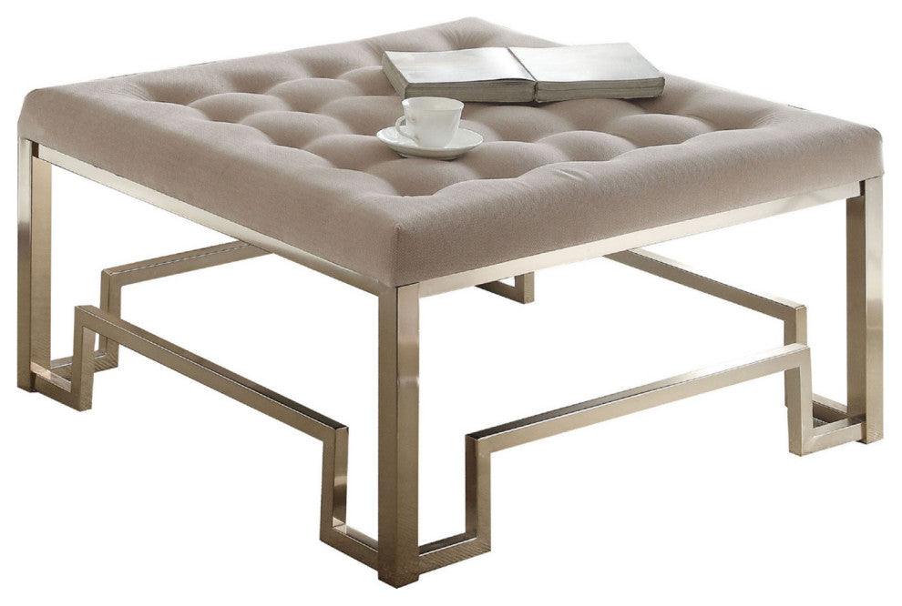 Beige Fabric Ottoman, Beige and Champagne