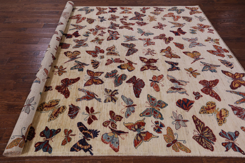 8' 0" X 9' 10" Butterflies Persian Gabbeh Handmade Wool Rug - Q12441