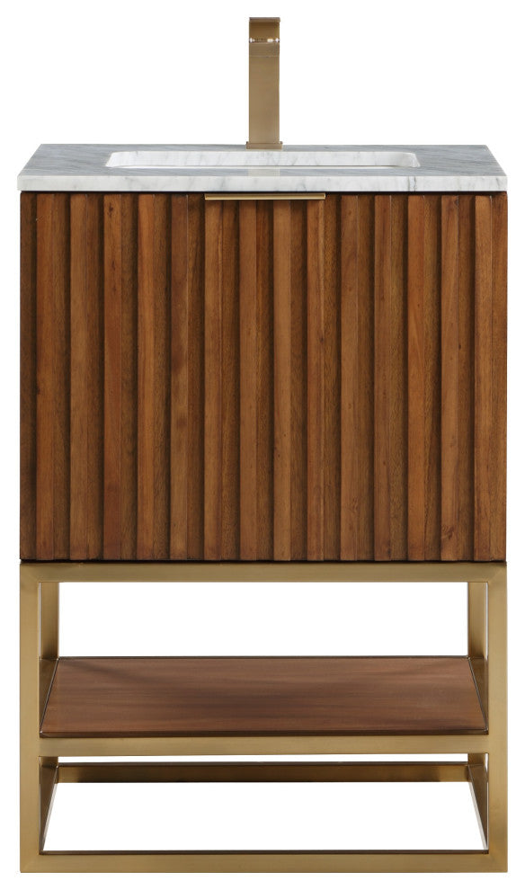 Terra Bathroom Vanity, Walnut/Satin Brass With Carrara Marble, 24"