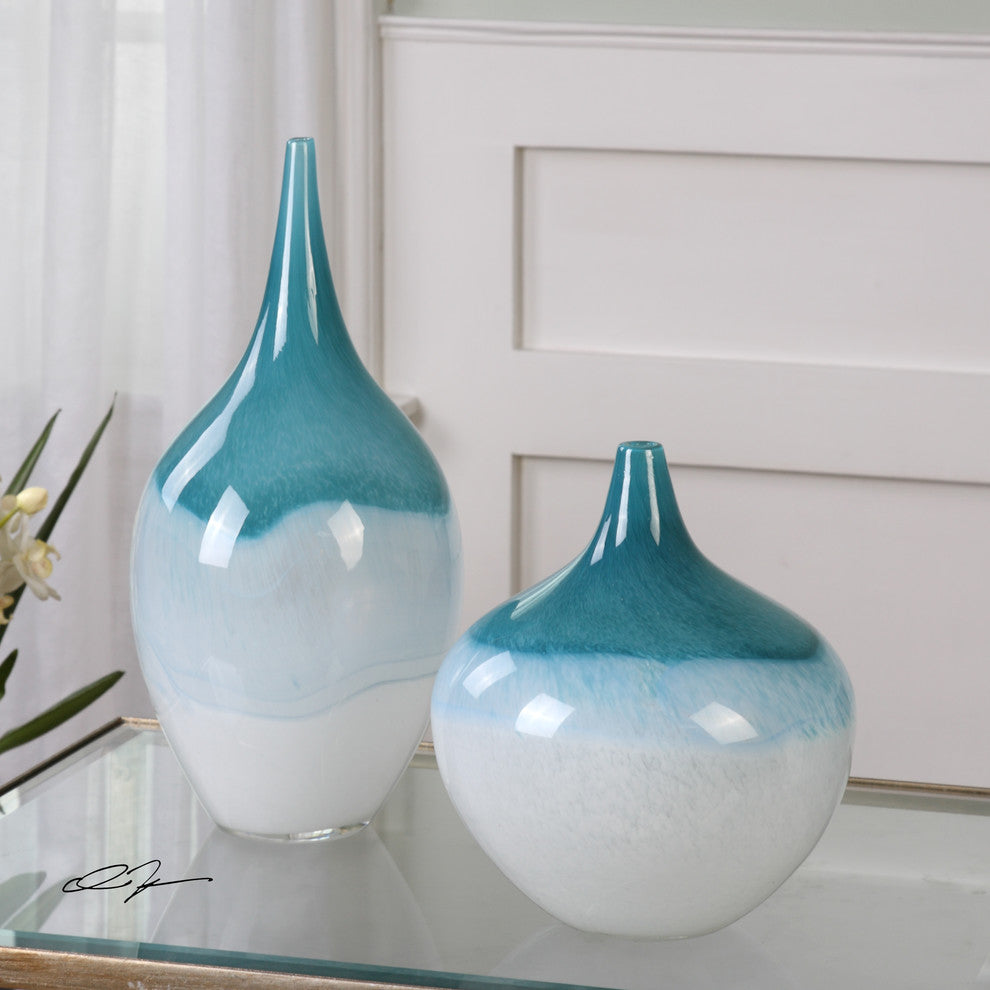 Large Teardop Shape Glass Vase Set, Blue Green Turquoise Elegant Sculpted