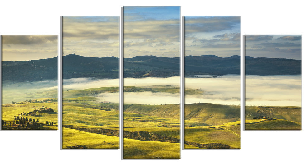 "Tuscany Farmland And Green Fields" Landscape Wall Art Print, 5 Panels, 60"x32"