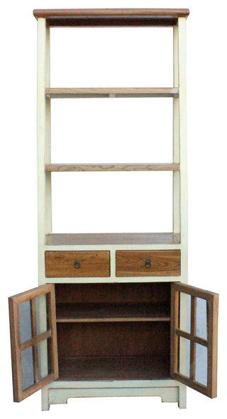 Oriental Cream White Brown Glass Door China Bookcase Cabinet Hcs4173
