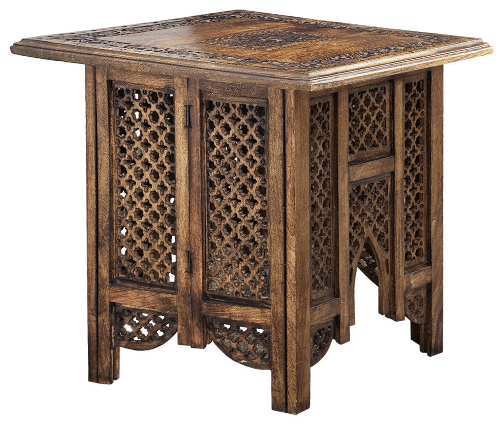 21" Boho End Table Floral Carved Foldable Panel Legs Walnut Brown