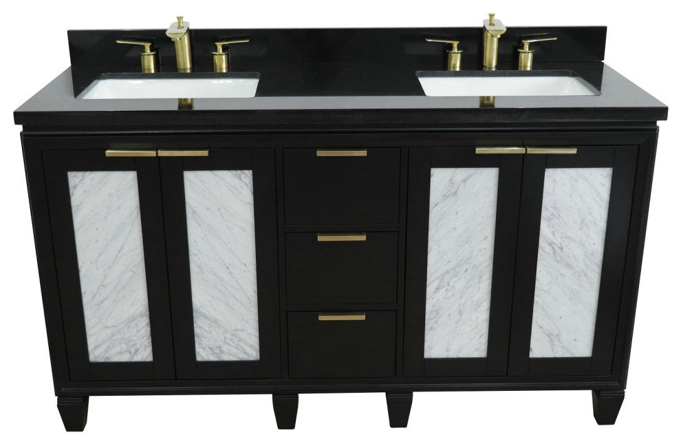 61" Double Sink Vanity, Black Finish With Black Galaxy Granite