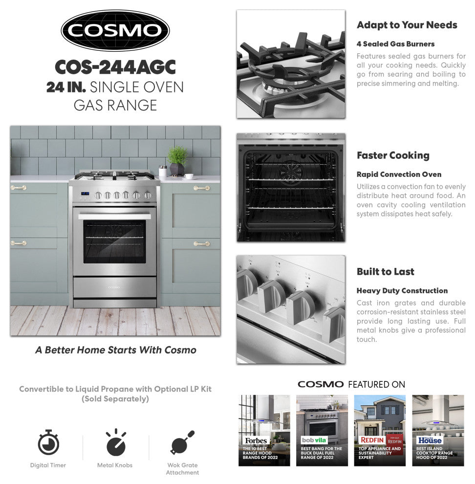 Cosmo 24" Slide-In Gas Range with 4 Burners and Rapid Convection Oven
