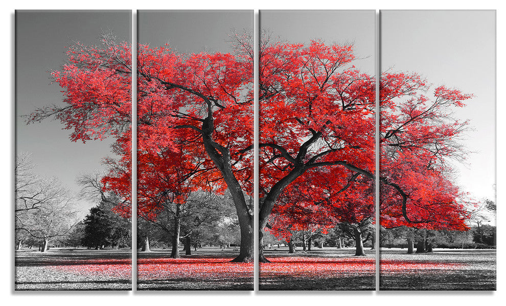 Big Red Tree on Foggy Day, Landscape Canvas Art Print, 48"x28", 4 Panels