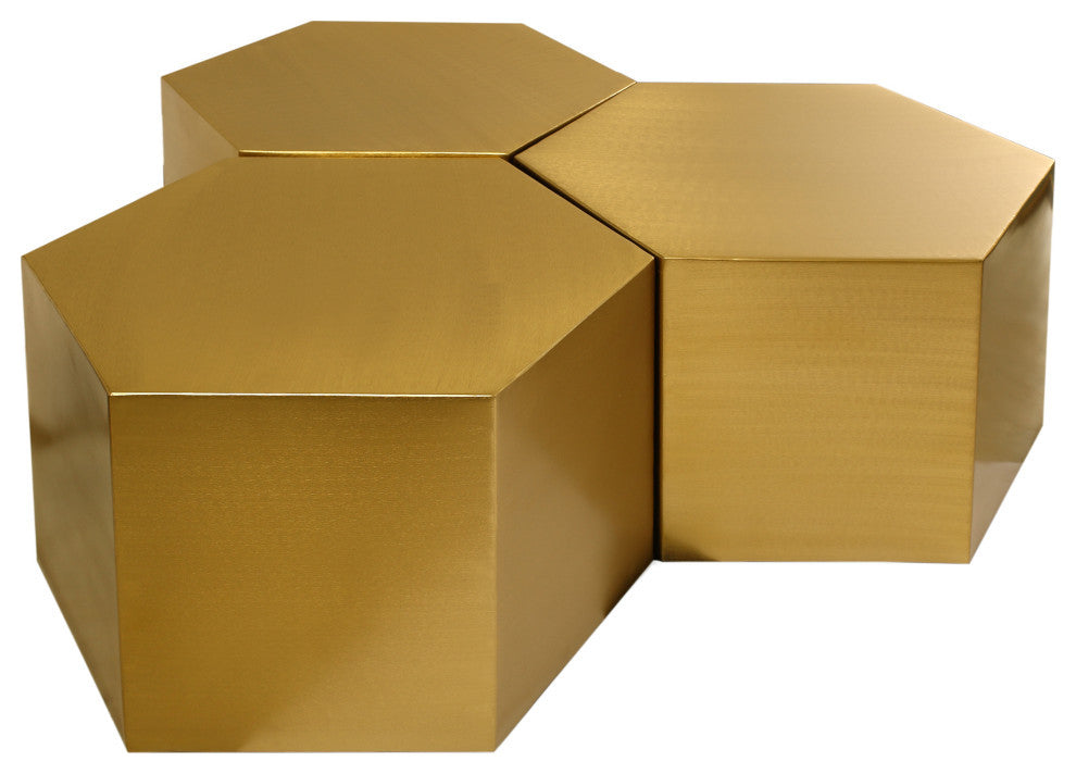 Hexagon Coffee Table, Brushed Gold, 3 Piece