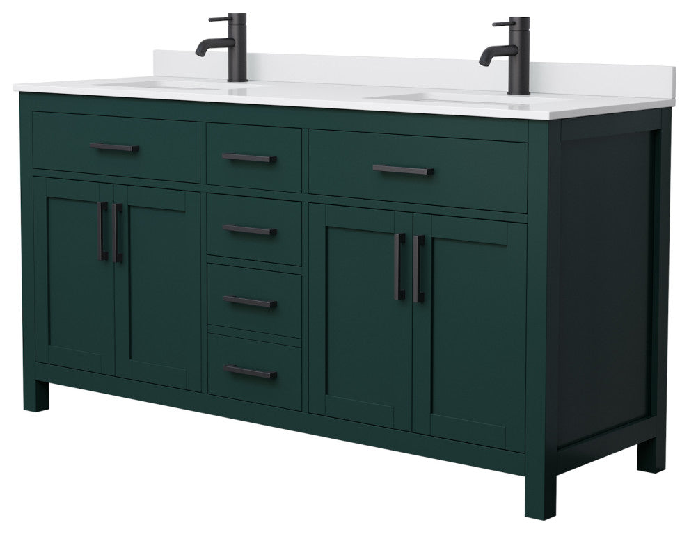 66"DBL Bathroom Vanity Green, White Cult. Marble Countertop, Sinks, Black Trim