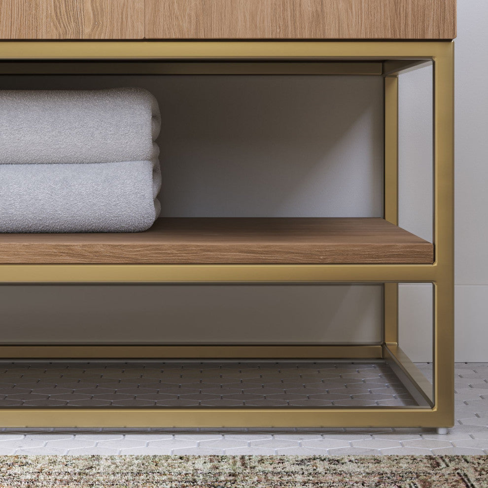 Bahia Bath Vanity, Oak, 60", Brushed Gold Hardware, Double, Freestanding