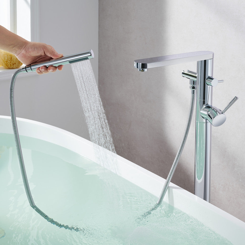 Allario Double Lever Handles Freestanding Floor Mounted Tub Filler, Polished Chome