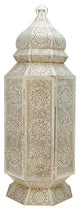 Distressed White and Gold Moroccan Cut-Out Floor Pillar Candle Lantern