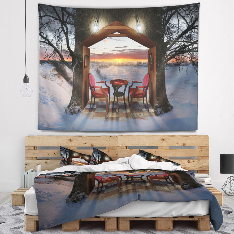 Home Shaped Trees Collage Landscape Wall Tapestry, 39"x32"
