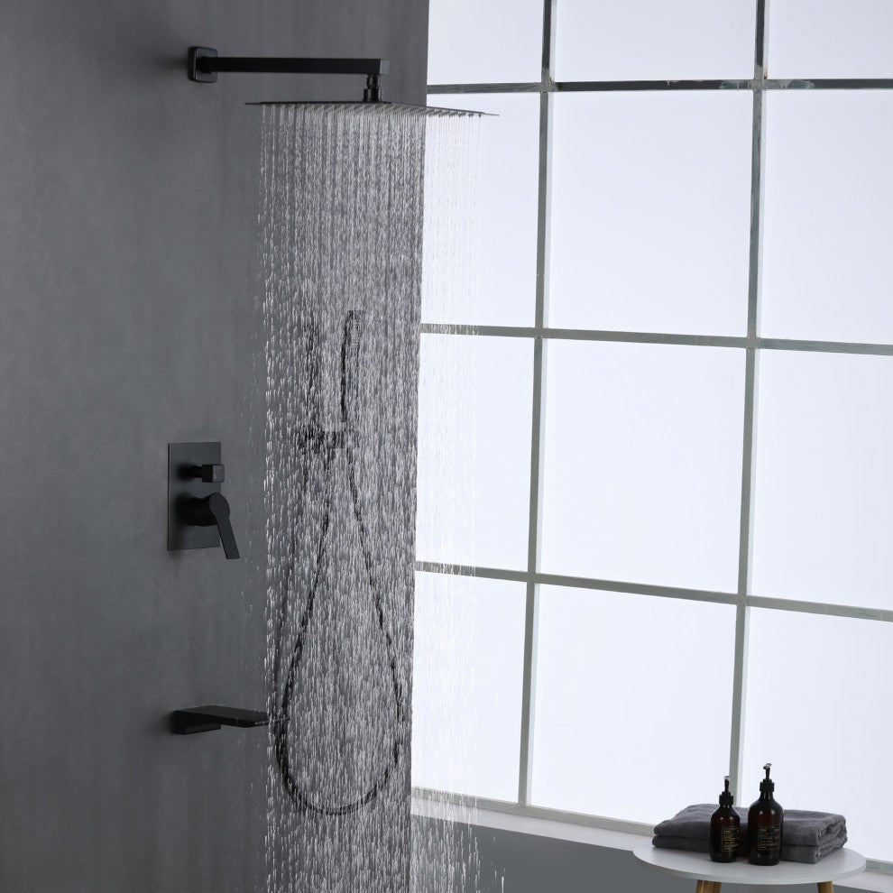 Wellfor Rainfall Shower Faucet, 12" Rain Shower Head With Handheld Combo Set, Black