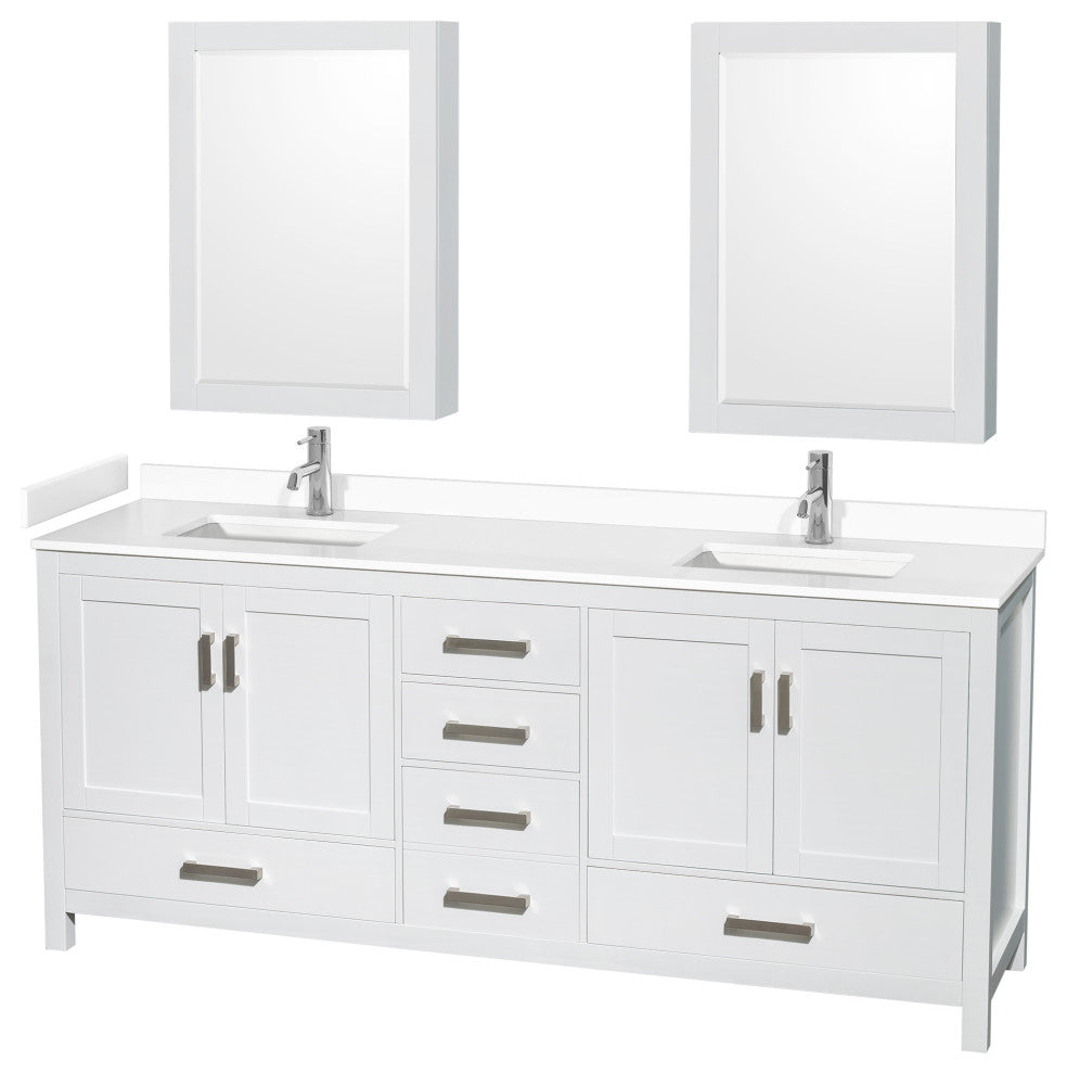 80"DBL Bathroom Vanity White, White Cult. Marble Countertop, Sinks, Med.Cabinets