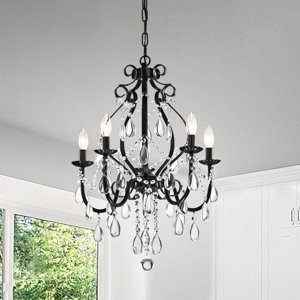 Amorette 5-Light Antique Black Candle Style Crystal Chandelier Fixture Glam