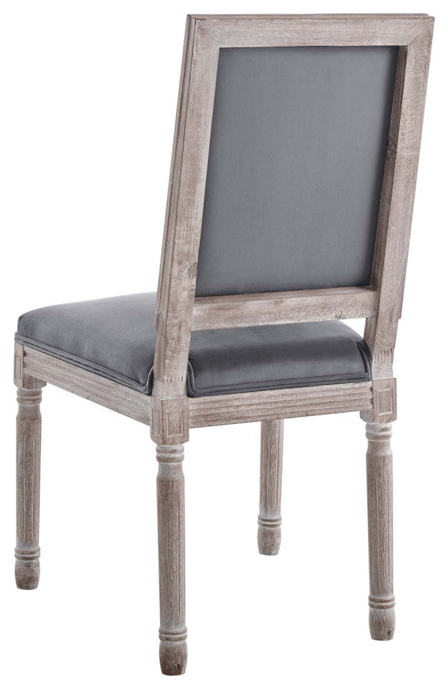 French Vintage Side Dining Chair, Velvet, Wood, Brown Natural Gray, Modern