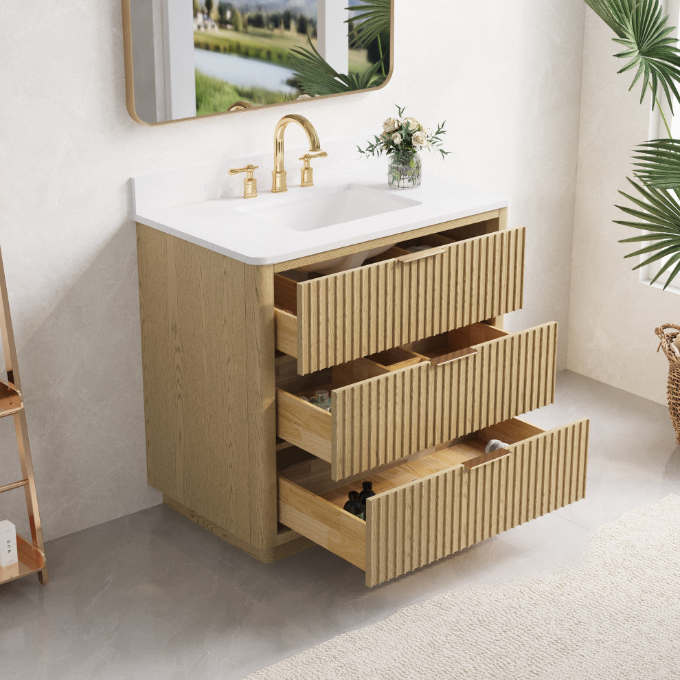 Solid Wood Freestanding Bathroom Vanity with White Quartz Top and Backsplash, 36"