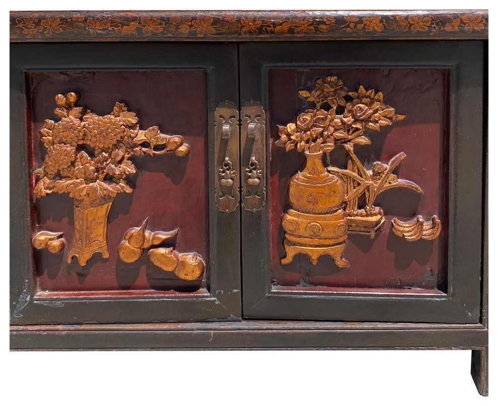 Chinese Distressed Brown Golden Flower Motif TV Console Table Cabinet Hcs6127